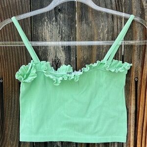 🆕Zara Green Ruffle Ribbed Knit Spaghetti Strap Square Neck Crop Top Size M/L Y2K